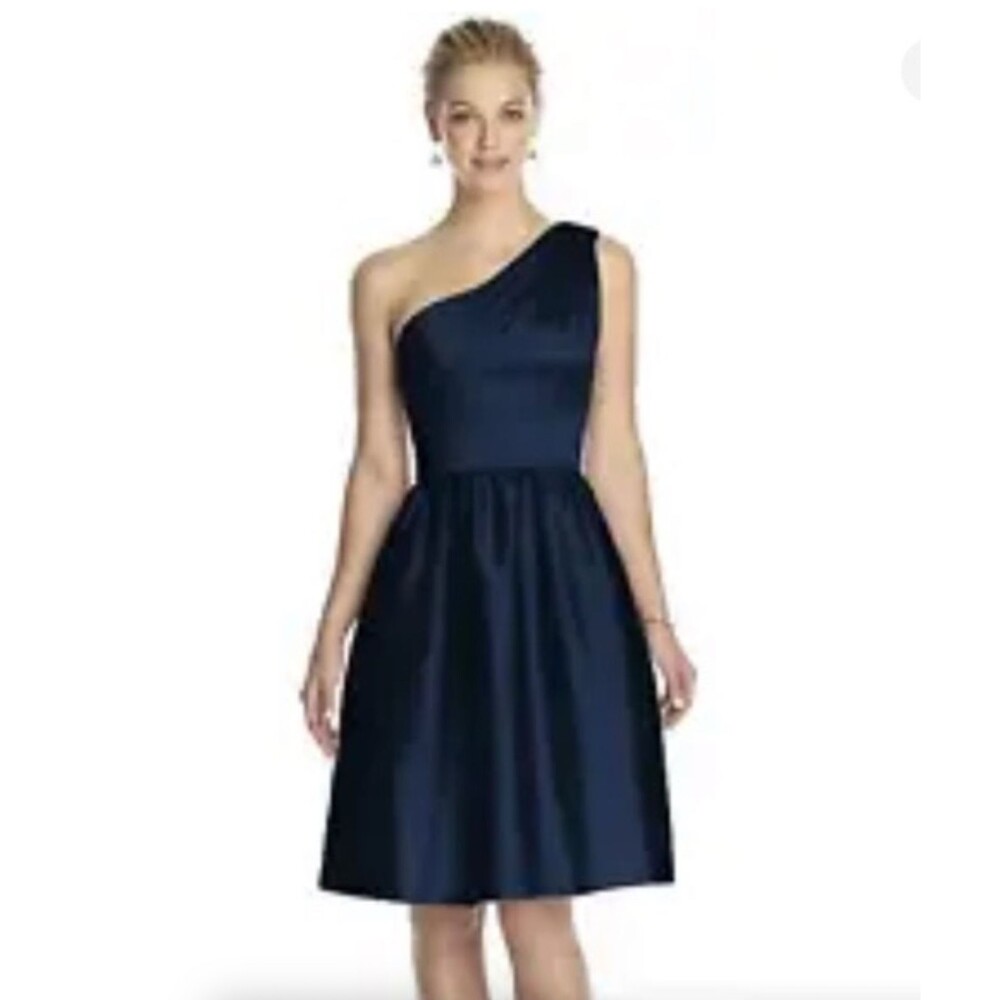 Alfred Sung Womens 18 Navy One Shoulder Cocktail Dress Flare Bridesmaid Formal